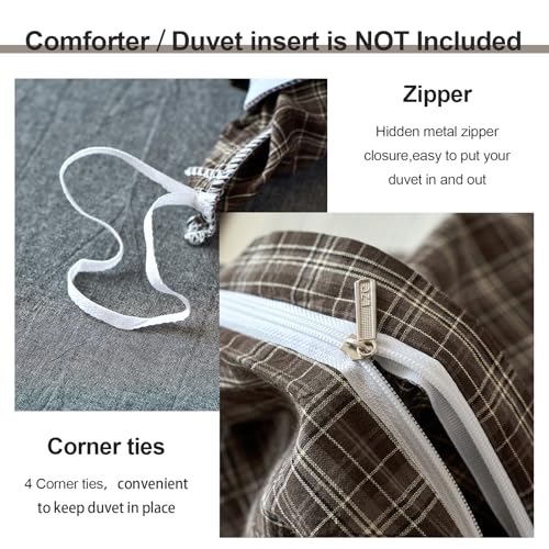 Image of EAVD Vintage Style Dark Grey Gingham Plaid Duvet Cover Twin 100% Washed Cotton Like Linen Feel Soft 3-Piece Grid Plaid Bedding Set with 2 Pillowcases Reversible Geometric Duvet Cover with Zipper