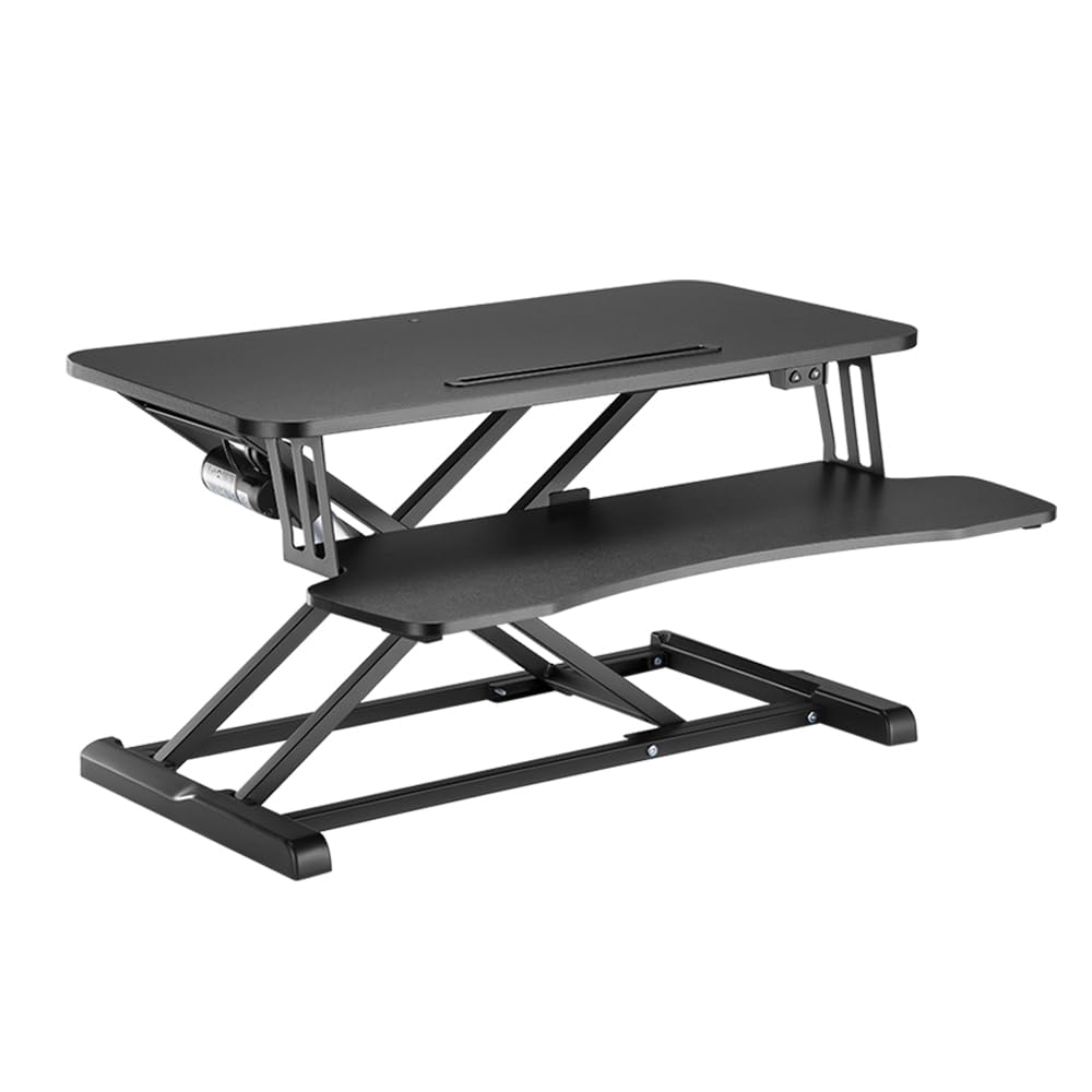 Spacetronik Schreibtischaufsatz Höhenverstellbar 15-68 cm, Steh-Sitz Schreibtisch mit X-Lift Mechanismus, Tastaturablage & Tablet-Slot, Stehpult freistehend, Traglast 20 kg, 80×40 cm