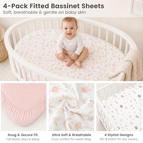 Image of 4 Pack Baby Bassinet Sheets 20 inch x 35 inch Compatible with Newton, Ezebaby, Angelbliss, AMKE(3 in 1) & Other Large Bedside Sleeper - Soft Breathable Bassinet Fitted Sheets for Girl - Light Pink & Star