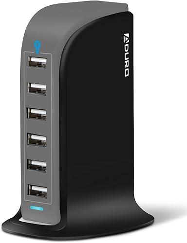Aduro - Estación de carga de 6 puertos USB 40W de escritorio, para iPhone, iPad, tabletas y smartphones con Smart Flow