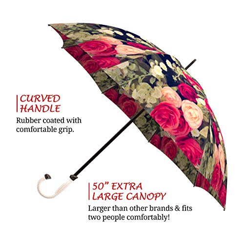 Extra Large Umbrella Windproof - Stick Designer Umbrella For Women - Colorful Rain Umbrella With Hook Handle - Vintage Roses Umbrella Floral Design - Quality Fashion Umbrella For Wind #TOP2