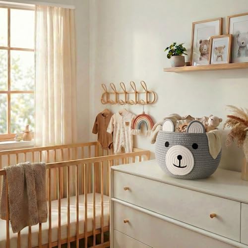 Image of CherryNow Baby Basket for Nursery, Bear Gift Baskets Empey for Kids, Diaper Caddy Baby Shower Basket, Cute Animal Baskets for Toy Storage, Light Grey, 10.5 inchD x 8.5 inchH