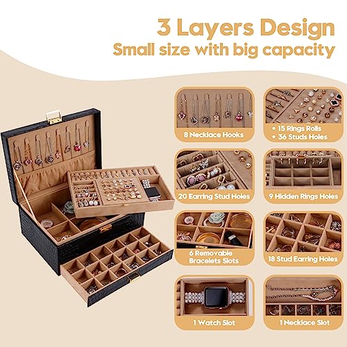 Gifturbo Jewelry Box for Women, 3-Layer Travel Storage Organizer