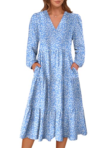 Image of ANRABESS Women's Long Lantern Sleeve Floral Midi Dresses 2026 Fall V Neck Casual Flowy A-line Tiered Boho Vacation Dress