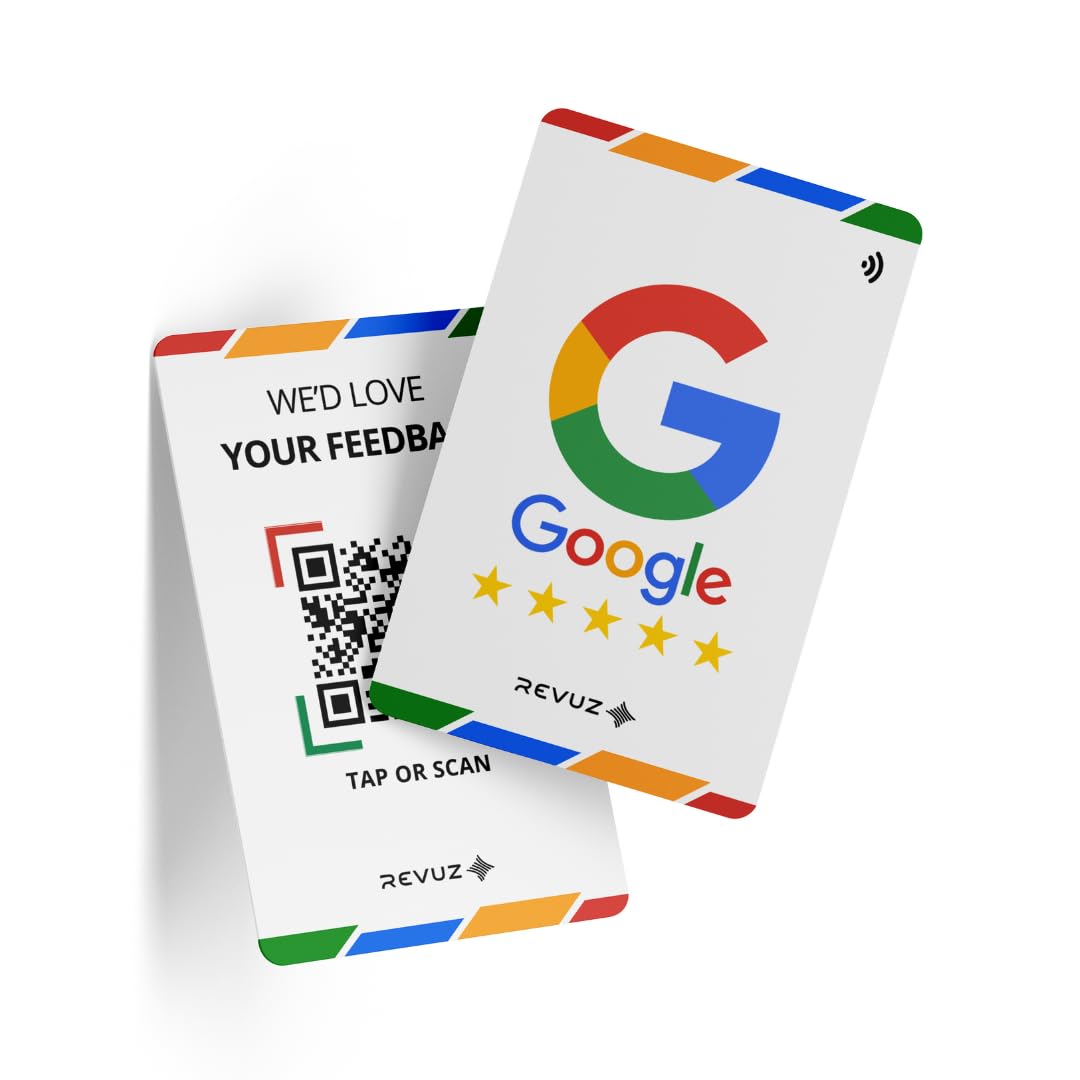 REVUZ Gooogle Review Card – Equipped with NFC Chip and QR Code, Instant Activation with Your Business Page Link, Tap or Scan to Access. (S8 - Neo White PVC Card)