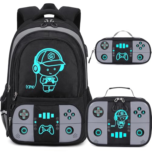 Bevalsa Backpack for School Boys, Cool Luminous Gamer Boys Backpack with Lunch Box & Pencil Pouch Set for Kids Children Teens Elementary Middle Schools, Schoolbag Bookbag Glow In The Dark (Grey)