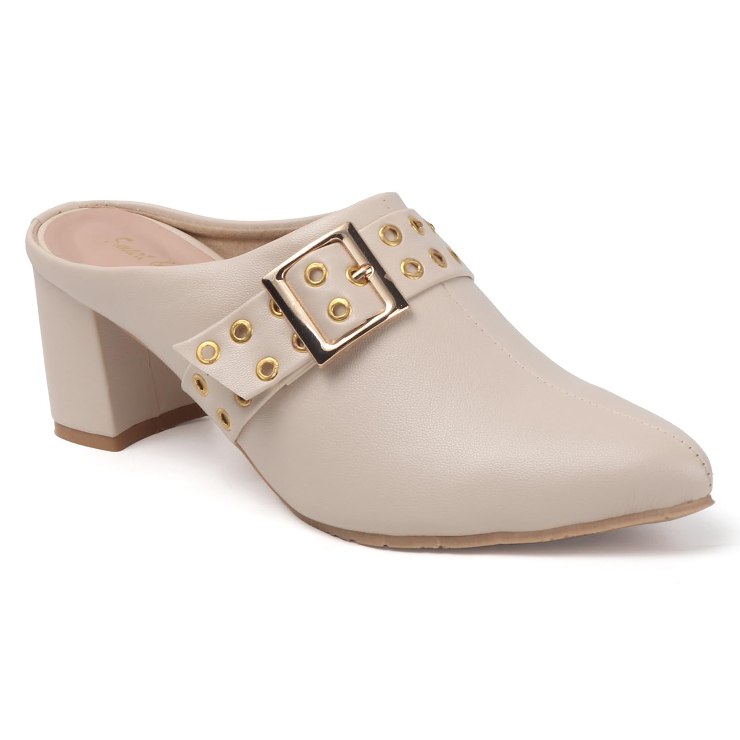 Women's Block Heel Mules with Gold Buckle Detail, Black Leather Look, Pointed Toe-image-31