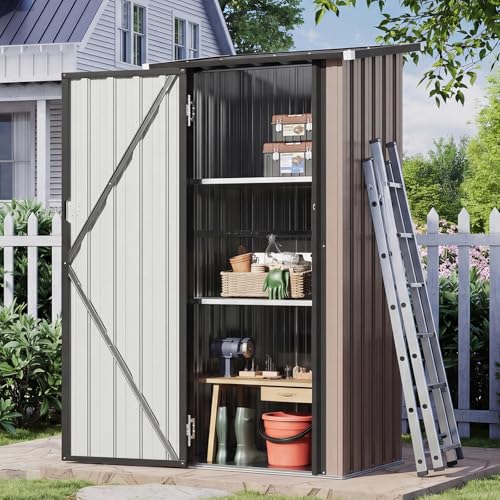 Aoxun Outdoor Storage Cabinet Shed - Vertical Cabinet with Floor 2 Adjustable Shelves & Lockable Doors Waterproof Small Tool Shed for Backyard Garden Patio Lawn Indoor Brown