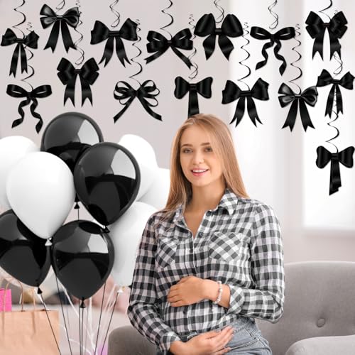 Image of Clabby Black Bow Birthday Decorations Black Coquette Hanging Swirls Garland Banner Bow Party Decorations Ribbon Paper Cutouts for Girls Baby Shower Bridal Shower Wedding Bachelorette Party Supplies