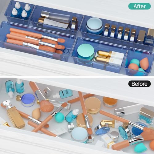 Image of WOWBOX 6 Pack Clear Drawer Organizer Set, Acrylic Drawer Storage Trays, Storage Bins for Makeup, Cosmetics, Jewelries, Utensils, Gadgets, Office, Dark Blue