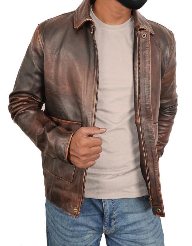 Mens Indiana Vintage Leather Jacket - 1930s Collar Distressed Style Mens Motorcycle Jacket Brown Leather Coat4