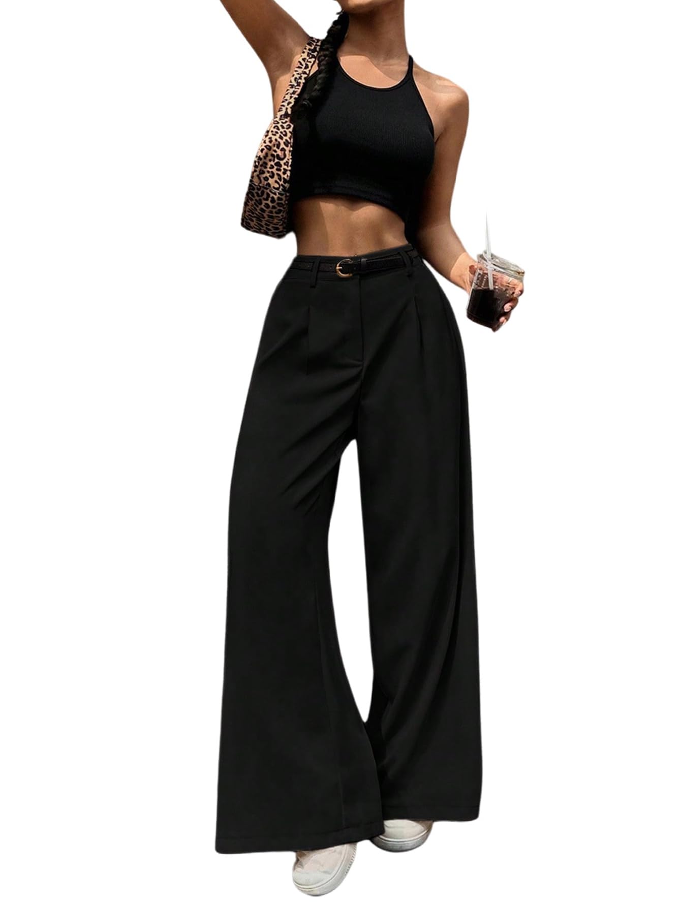 SweatyRocks Anzughose Damen Elegant Stoffhose Mit Gürtel Bundfaltenhose High Waist Freizeithose Wide Leg Hose Business Outfit Old Money Style