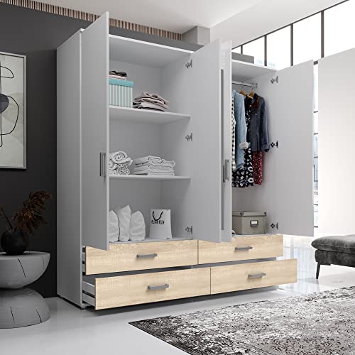 IVAR Kleiderschrank mit Spiegeln und Schubladen - Vielseitiger Drehtürenschrank 4-türig in Weiß, Eiche Sonoma Optik - 180 x 190 x 51 cm (B/H/T)