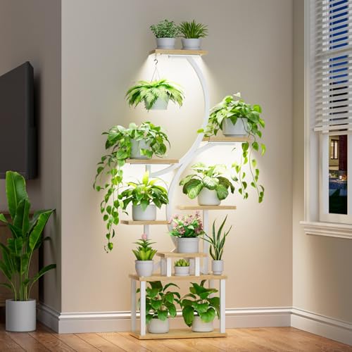 Image of Plant Stand with Grow Lights for Indoor Plants, 8-Tiered Tall Corner Plant Shelf with Full Spectrum Light, S-Shaped Space-Saving Narrow Flower Holder, Anti-Tip for Living Room Bedroom Office, Natural