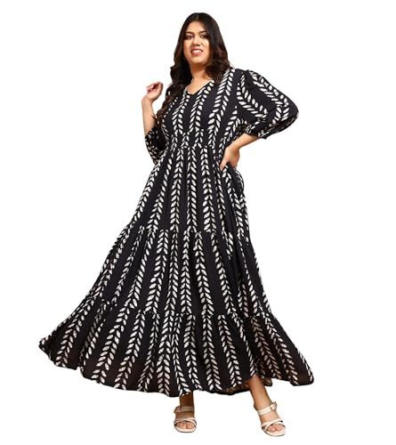 Image of DEEBACO Women's Plus Size Solid Rayon Tiered Maxi Dress|3 /4 Sleeve|V-Neck|Casual Trending Stylish Long One Piece Dresses Women Western