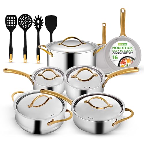 NutriChef 16-Piece Premium Stainless Steel Cookware Set – Tri-Ply Construction, Induction Compatible, Stylish Design with Golden Handles, Includes Pots, Ceramic Coated Fry Pans, and Utensils