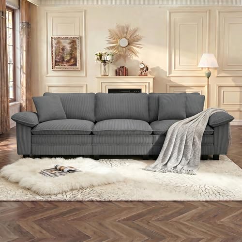 Image of PHI VILLA Modular Couches Sets, 123.6 inch Cloud Sectional Sofa with Upholstered Deep Seat, 3-Seater Couch for Living Room Apartment, Corduroy Fabric, Grey