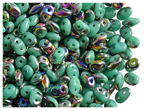 Matubo SuperDuo Beads, 2.5x5 mm, 20 g, cuentas de vidrio prensado checo en la forma de rombo con dos agujeros, Opaque Turquoise Green/Vitrail (Jade, half Mix iridescent)
