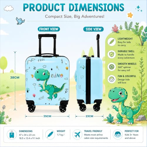 Image of Kids Carry On Luggage with Wheels,18-inch Hard Shell Suitcase Lightweight Toddler Rolling Trolly with Retractable Handle,Durable Hardside Spinner Trolly for Airplane Travel (Blue Dino)