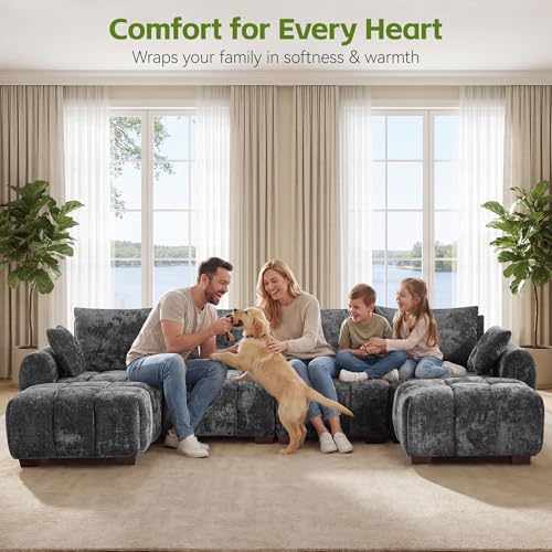 Image of 112 inch L Shaped Modular Sectional Sofa, Grey Chenille Cloud Couch, Modern Upholstered 4 Seater Couch with Removable Ottoman, Tufted Deep Seat & Wood Legs, Sectional Couches for Living Room Apartment