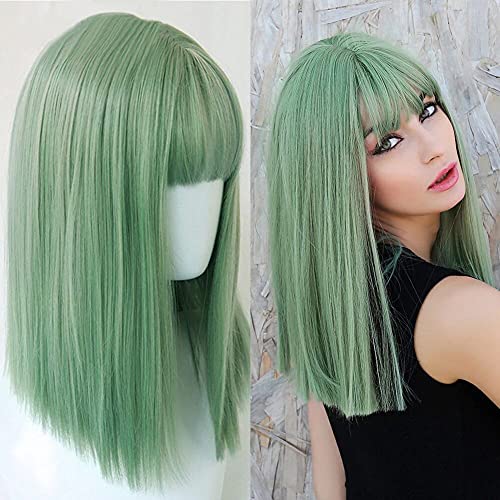 HUAISU Green Straight Wig with Bangs Natural Synthetic Wigs for Women Cosplay Wig (Green , 18inch)
