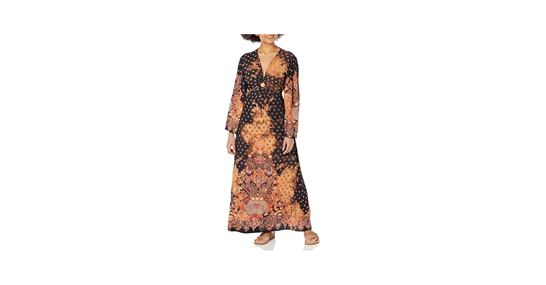 【ANGLAN】Pigment Ethnic Long Sleeve Angie Women's Long Sleeve Printed and Bleached Cutout Maxi