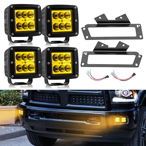 Wsays 4x 24W Amber LED Fog Light Pods with Quick-Detach Wiring Plug and Fog Hidden Bumper Mounting Bracket Compatible with Dodge Ram 2500 3500 2010-2019 Ram 1500 2009-2012