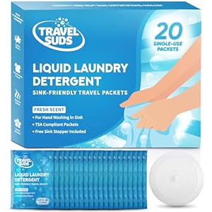 TravelSuds Laundry Detergent Sink Packets (20 pack) | Journey Laundry Detergent for Hand Washing within the Sink, Contains Free Sink Stopper | Pack of 20