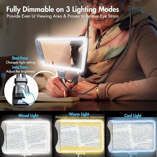 MAGNIPROS Rechargeable Goose-Neck Page Magnifier with 3 Color Light Modes | 4X & 6X Interchangeable Lenses | Hands Free Magnifying Glass with Light for Reading Fine Print, Low Vision & Seniors - Thumbnail 2