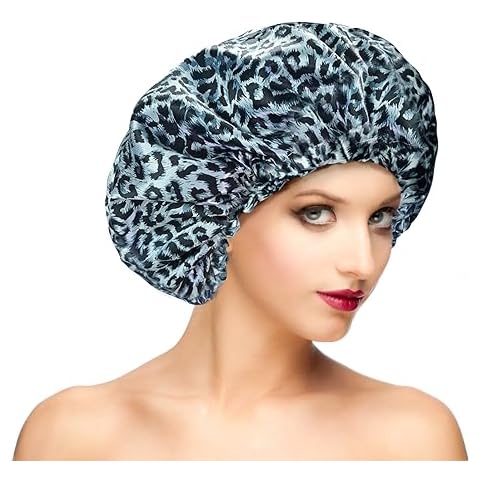Fishent Shower Cap, Large Shower Caps for Women Reusable Double Layer Waterproof, Adjustable Extra Large Shower Cap for Long Hair and Braids (Blue Leopard) Cover