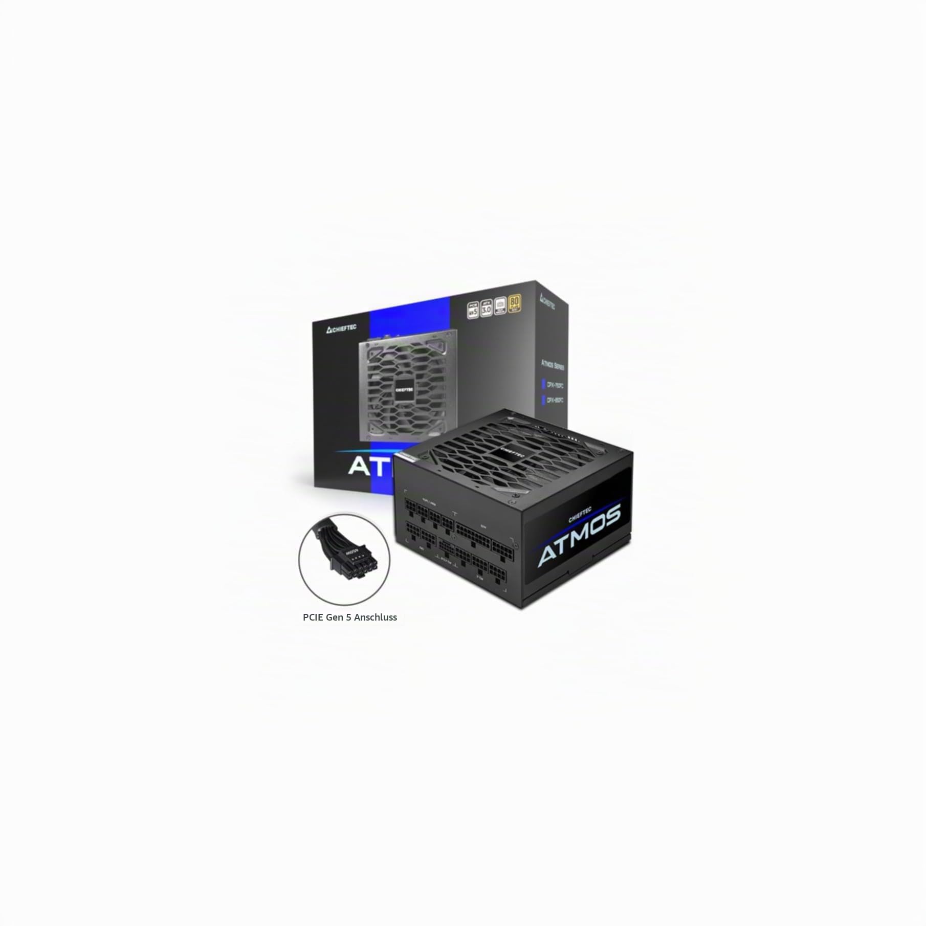 Chieftec Netzteil 750 Watt ATX** ATMOS Series PC-/Server Eingangsspannung: Wechselstrom 100-240 V Anschlüsse: 1x 16 PIN PCIe Gen5 2x 20+4 ATX 8 EPS 4+4 8 6+2 9x SATA 4x MOLEX