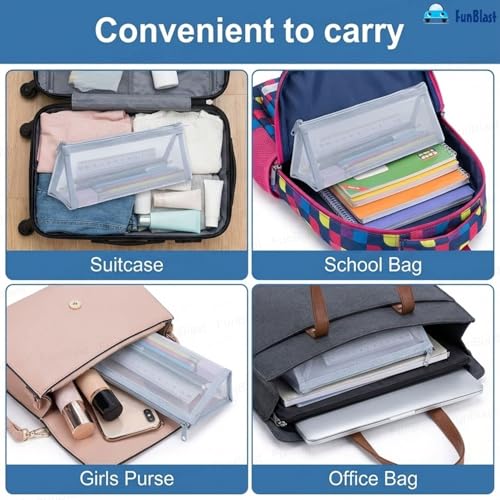 Image of FunBlast Mesh Pencil Case with Smooth Zipper, Single Layer Multi-Purpose Stationary & Pen Pouch for Boys & Girls, Transparent Stationary Bag, Organizer Pouch for Student (Light Grey-C)