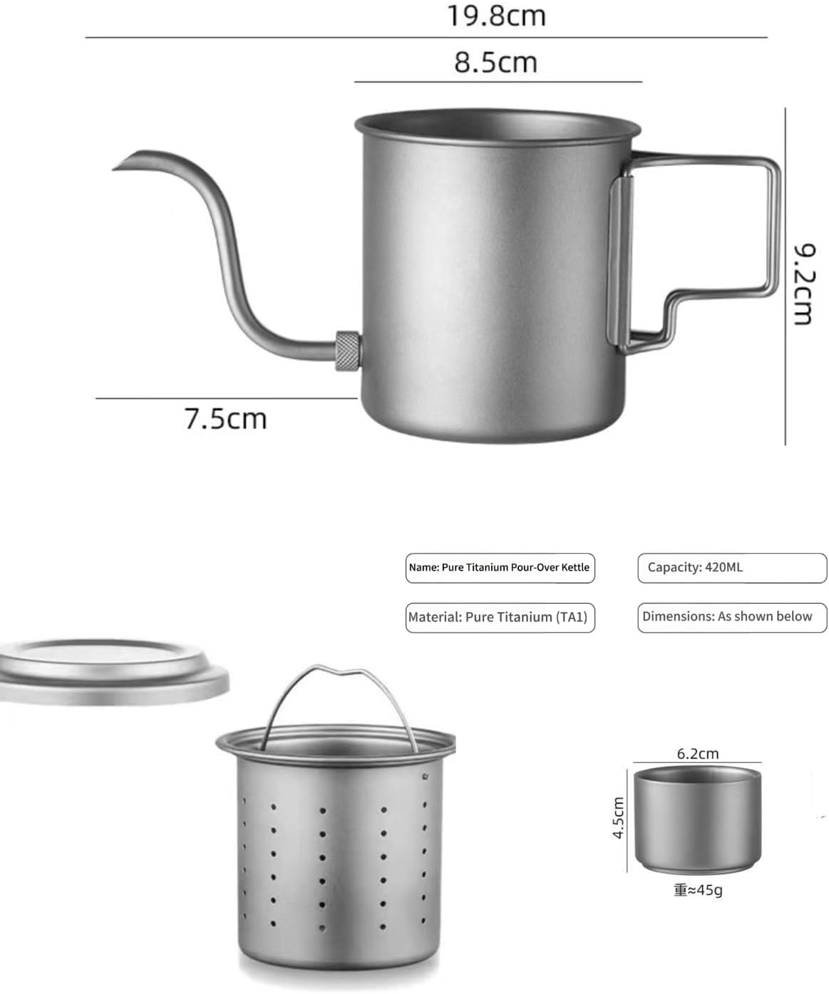 Titanium Camping Kettle Coffee Pot with Removable Spout Folding Handle 14.2oz Pour Over Gooseneck Kettle with Lid Filter Mugs Lightweight Portable Tea Kettle for Picnic Backpacking Hiking (D)