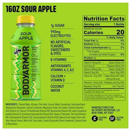 Image of BODYARMOR LYTE, Dude Perfect Sour Apple, Electrolyte Drink, 16 Fl Oz Bottles (12 Pack), Coconut Water Sports Drink, Natural Flavor & B Vitamins
