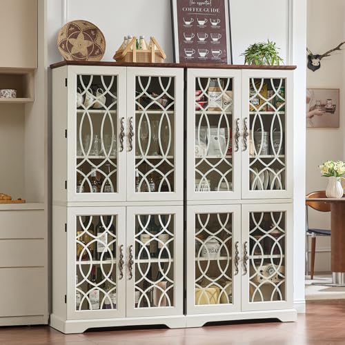 Image of Joaxswe 67 inch Tall Pantry Cabinet, Wood Kitchen Pantries Cabinets with Glass Doors & Adjustable Shelves, Freestanding Vintage Cupboard with Large Storage for Dining Room, Bathroom, Antique White