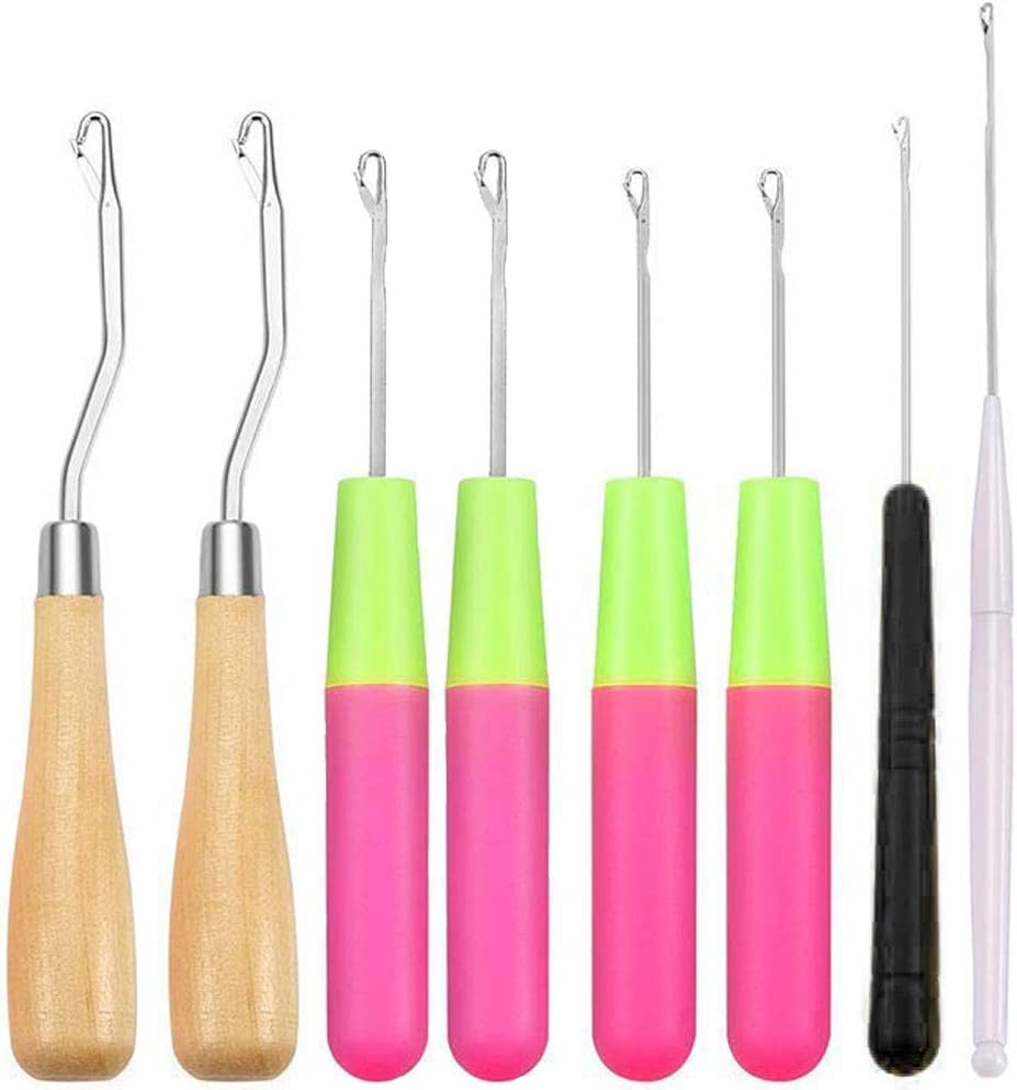 Latch Hook Crochet Needle Set BCMRUN 8Pcs Wooden Bent Latch Hook Hair Tool Kits Plastic Curl Crochet Needle for Kids Adults Braid Hair, Carpet Making and Other Craft