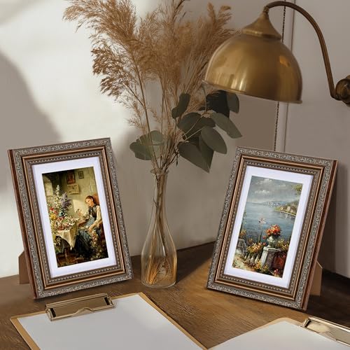 Image of eletecpro 5x7 Vintage Picture Frame, Glass Cover, Bronze, 2-Pack | Display Photo 4x6 with Mat or 5x7 without, Horizontal or Vertical, Tabletop or Wall Decor
