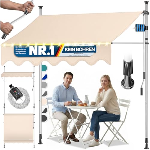 KESSER® Toldo con manivela y cadena de luces LED, toldo para balcón, sin agujeros, resistente a los rayos UV, altura regulable e impermeable, protección solar para balcón, terraza y jardín, 150 cm