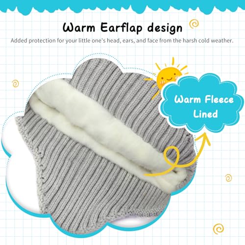 Kids Winter Hat with Ear Flaps, Toddler Boys Girls Fleece Lined Knit Beanie Colorful Pattern Pom Pom Ski Cap for 2-10Y4