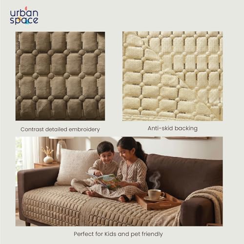 Image of Urban Space Velvet Embroidery Quilted Sofa Cover mat, Premium 1 Seater Non-Slip Sofa slipcover, Easy Care & Machine Washable, Seat Runner for Couch for Living Space (1 Seater - Box Grid - Soft Brown)