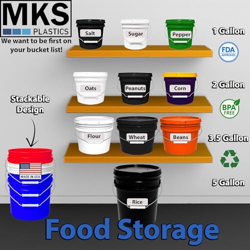 Image of MKS Plastics 5-Gallon Bucket with Airtight Lid - Made in USA, Food Grade BPA Free Plastic, Heavy Duty Multi-Use, Metal Handle with Grip, Stackable Storage - Black, 5 Pack