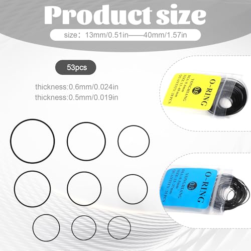 Gtziqa O Ring Watch Gasket, 53 Pcs 0.5/0.6 mm Waterproof Rubber Watch Seal Washers Replacement Watches Repair Tools for Watches Back Cover