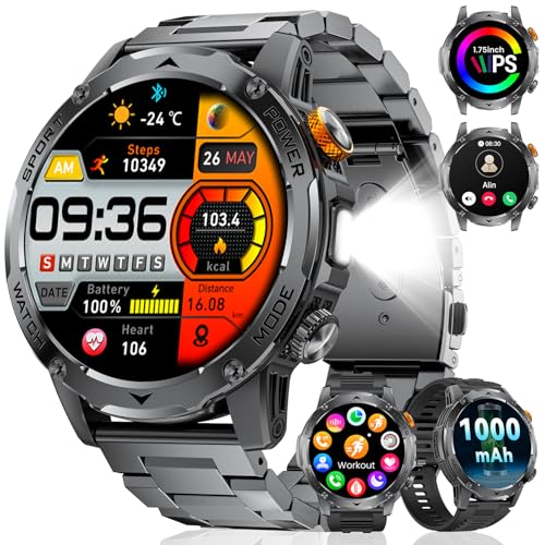 Smart Watch for Men (Bluetooth 5.2 Calls) with Flashlight, 1.75"HD Display/1000mAh Long Battery Life, Fitness Tracker with Heart Rate/Sleep Monitor/IP68/120+ Sports Modes for iOS Android,3 Bands