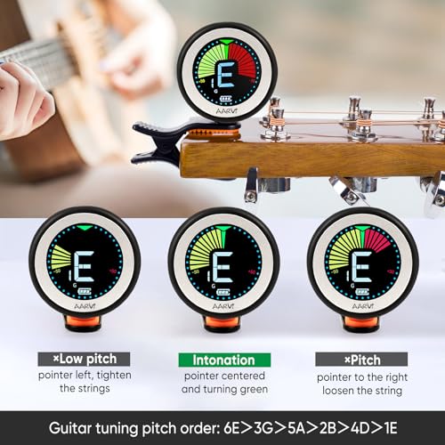 Image of Clip on guitar tuner rechargeable, for all instruments, acoustic /electric guitar, ukulele, bass, violin, Banjo, color LCD, semitone tuner, 4 Pack Guitar Picks Included