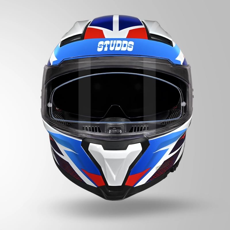 Image of Studds Helios D2 Circuit ISI and DOT Certified Full Face Helmet with Antifog 100 Lens and Dual Visor (White & Blue - M)