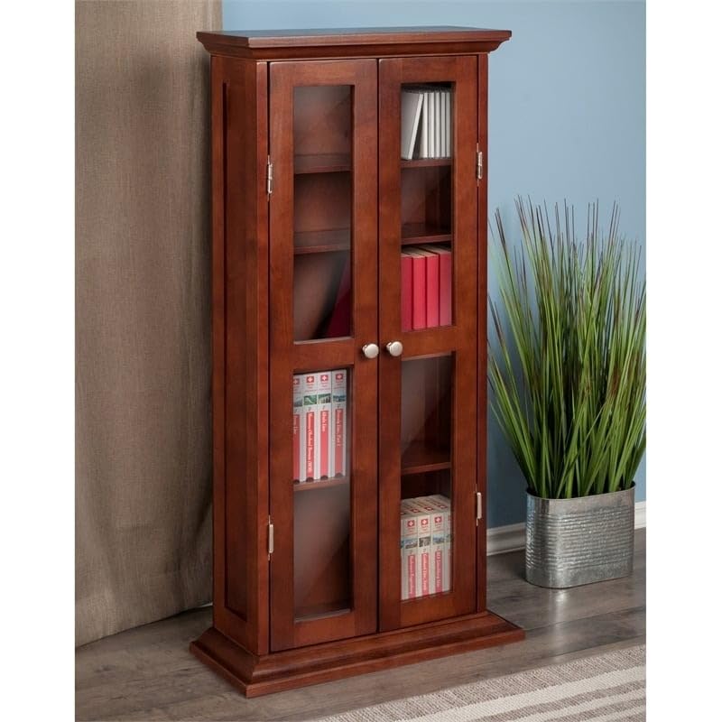 Pemberly Row Solid Wood CD & DVD Media Storage Cabinet in Antique Walnut