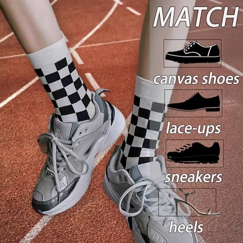 CHUNFO Womens Crew Socks Plaid Striped Casual Running Athletic White Grey Brown Checkerboard Crew Socks Size5-93