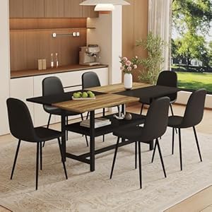 71″ Dining Table Set for 6 with Chairs, 7 Piece Farmhouse Rectangle Kitchen Table Chairs Set with Storage Shelf – Large Modern Dining Room Furniture Sets for Family Meals