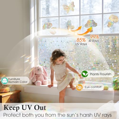Image of Windimiley Rainbow Window Privacy Film, 3D Stained Glass Christmas Decorative Window Clings, UV Heat Blocking Holographic Prism Stickers for Home (23.6 x 394In,Pure)