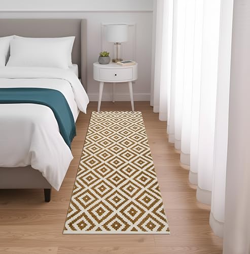 Image of SAGON 2x5 Ft Printed Runner Carpet - Cotton Bedside Rug for Bedroom & Living Room (Brown Diamond)